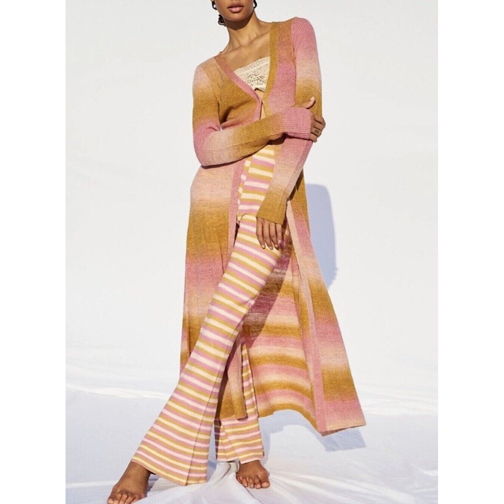 Free People Space Dye Esme Ombre Ribbed Duster Cardigan Pink Mustard Medium